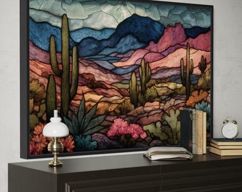 Colorful Southwestern Desert Canvas Print, Saguaro Cactus Landscape Painting Stained Glass Style Wall Art Canvas Print Framed Ready To Hang