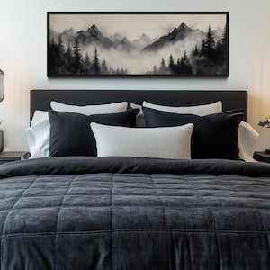 Black And Beige Watercolor Foggy Mountain Forest Wall Art, Panoramic Landscape Painting Long Horizontal Canvas Print Framed Ready To Hang