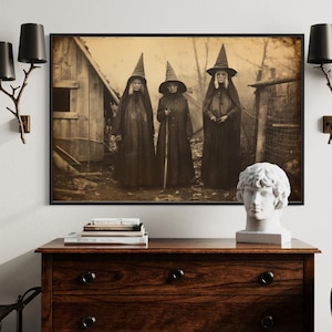 Halloween Wall Art, Three Witches In Salem Retro Photography Style Painting Poster or Canvas PRINT, Witchy Decor Framed Ready To Hang