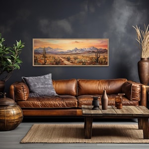 Desert Landscape Oil Painting With Cactus Printed On Canvas - Panoramic Arizona Sonoran Desert Wall Art- With or Without Frame Ready To Hang