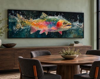 May include: A rectangular wall art print featuring a vibrant, multi-colored rainbow trout leaping from dark water, surrounded by dynamic splashes and droplets. The fish displays iridescent scales in shades of green, pink, and orange.