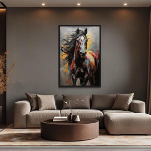 a modern living room with a large painting of a horse on the wall. The room has a neutral color scheme with beige furniture, including a sofa and a round coffee table. The painting is the focal point of the room, and the overall design appears to be contemporary and stylish.
