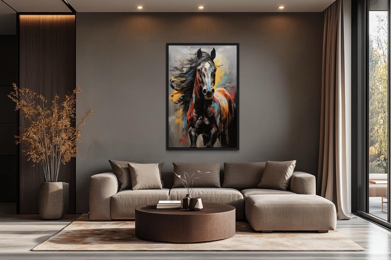 a modern living room with a large painting of a horse on the wall. The room has a neutral color scheme with beige furniture, including a sofa and a round coffee table. The painting is the focal point of the room, and the overall design appears to be contemporary and stylish.