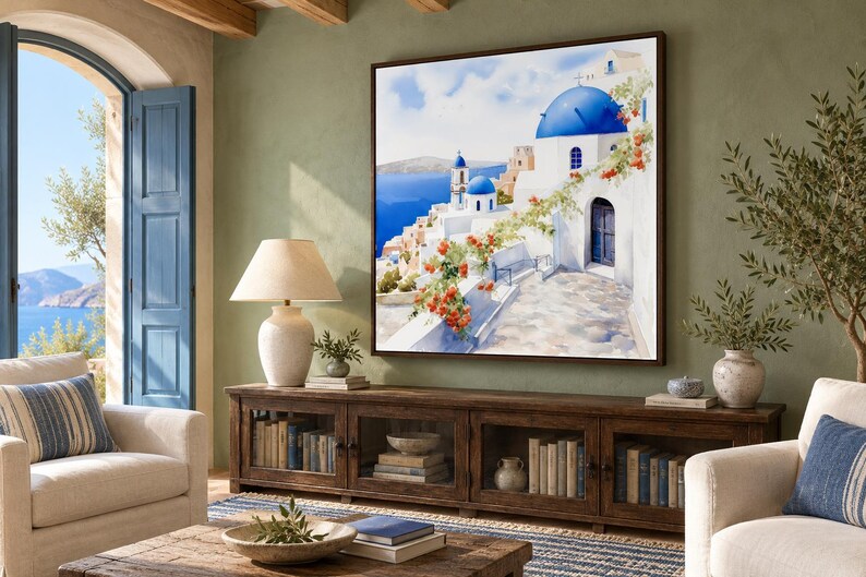 May include: A square wall art print featuring a Mediterranean coastal scene with white buildings, bright blue domes, and orange flowers. The painting depicts a stone pathway leading toward the sea under a clear sky, framed in a dark brown border.