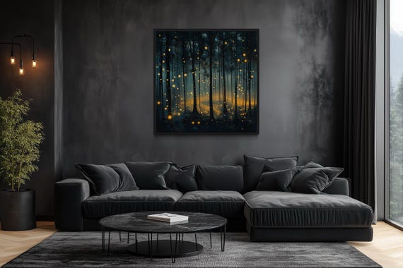 Mystical Forest Wall Art - Magical Fireflies Golden Lights Forest Painting Canvas Print, Enchanted Tree Wall Decor Framed Ready To Hang