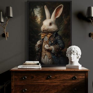 White Rabbit Victorian Portrait Painting Canvas Print, Dark Academia Wall Art Halloween Decor Framed Unframed Ready To Hang