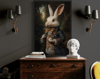 White Rabbit Victorian Portrait Painting Canvas Print, Dark Academia Wall Art Halloween Decor Framed Unframed Ready To Hang