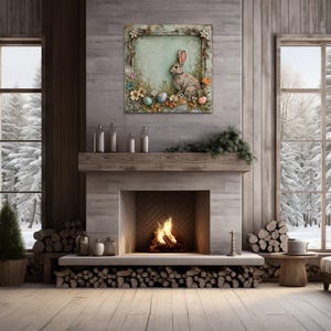 a cozy living room with a fireplace, a large window overlooking a snowy landscape, and a painting of a rabbit on the wall.