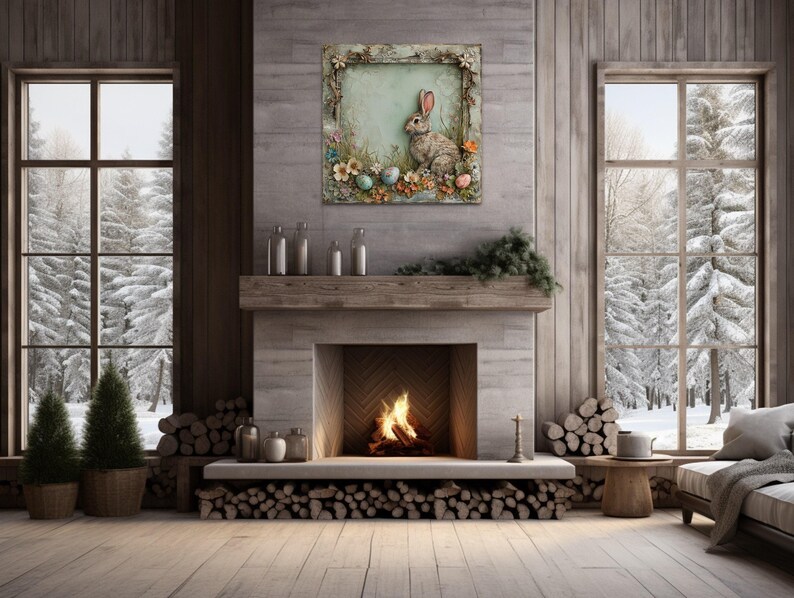 a cozy living room with a fireplace, a large window overlooking a snowy landscape, and a painting of a rabbit on the wall.