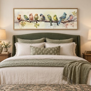 Panoramic Small Colorful Birds On a Branch Watercolor Painting Farmhouse Decor Print On Long Horizontal Canvas Framed Unframed Ready To Hang