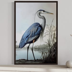Blue Heron Wall Art,  Lake House Wall Art, Coastal Wall Decor, Heron Painting Canvas Print Framed Framed Ready To Hang