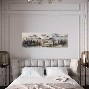 Watercolor Mountain Landscape Canvas PRINT, Earth Tones Over Bed/ Living Room Art, Large Panoramic Wall Decor Framed/Unframed Ready To Hang