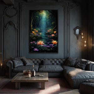 a luxurious living room with a large, colorful painting of a serene pond with flowers hanging on the wall. The room is furnished with a tufted leather sofa, a wooden coffee table, and a large window that allows natural light to flood the space. The overall atmosphere of the room is elegant and sophisticated, with a touch of nature's beauty.