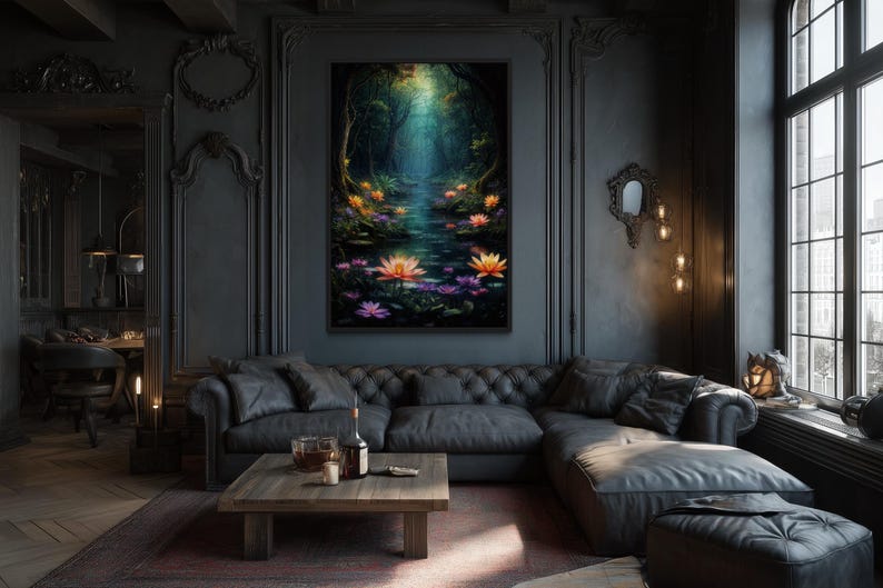 a luxurious living room with a large, colorful painting of a serene pond with flowers hanging on the wall. The room is furnished with a tufted leather sofa, a wooden coffee table, and a large window that allows natural light to flood the space. The overall atmosphere of the room is elegant and sophisticated, with a touch of nature's beauty.
