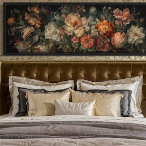 Vintage European Tapestry Framed Canvas Wall Art, Long Horizontal Above Bed Antique Style Floral Painting Canvas Print Ready To Hang