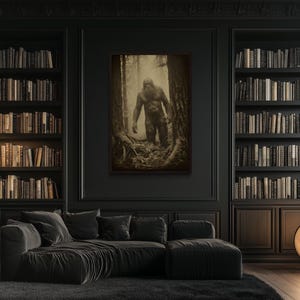 a dark, cozy living room with a large bookshelf filled with books, a comfortable couch, and a framed artwork of a person in a forest setting.