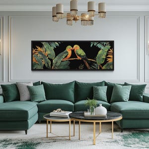 Panoramic Lovebirds In Tropical Forest Long Horizontal Canvas PRINT, Rainforest Over Bed Green Wall Art Framed Unframed Ready To Hang