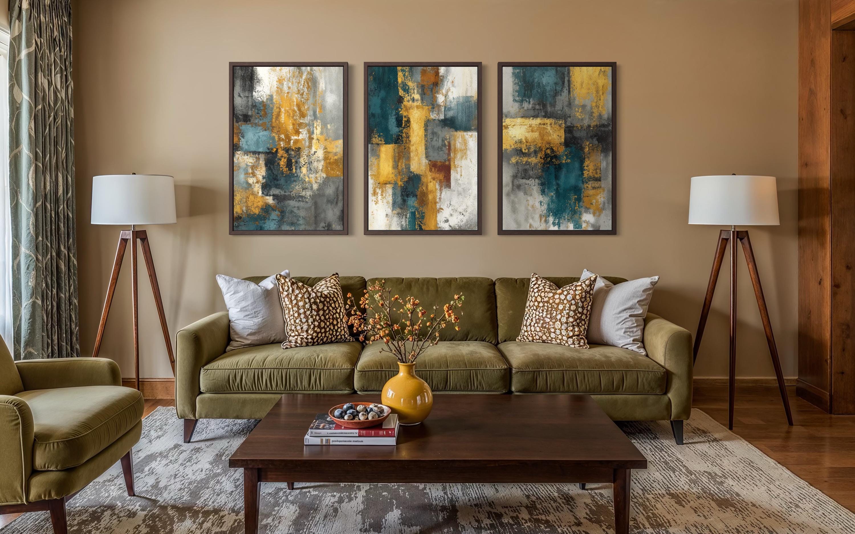 Set of 3 Abstract Teal and Gold Wall Art – Modern Geometric Canvas