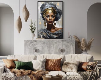 Beautiful African Woman Wall Art, Black Woman Painting Canvas PRINT, African American Wall Decor Framed Ready To Hang