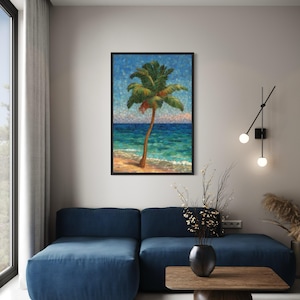 Palm Tree Wall Art, Stained Glass Style Palm On The Beach Painting Canvas PRINT, Caribbean Wall Art, Tropical Artwork Ready To Hang