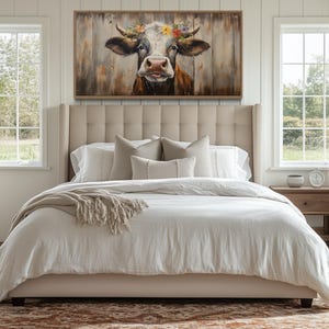 Curious Cow Farmhouse Wall Art, Farm Cow Painted on Wood Canvas PRINT, Farm Animals Rustic Wall Art Framed, Unframed, Ready To Hang