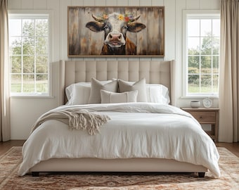 Curious Cow Farmhouse Wall Art, Farm Cow Painted on Wood Canvas PRINT, Farm Animals Rustic Wall Art Framed, Unframed, Ready To Hang