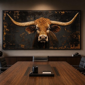 May include: A large rectangular wall art piece featuring a detailed portrait of a longhorn bull with prominent curved horns. The bull is rendered in shades of brown and tan against a dark, textured black background with subtle gold accents.