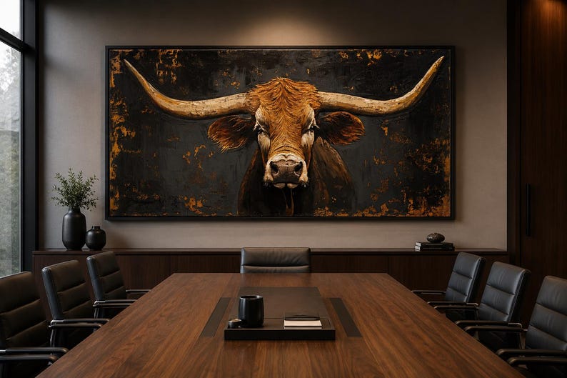 May include: A large rectangular wall art piece featuring a detailed portrait of a longhorn bull with prominent curved horns. The bull is rendered in shades of brown and tan against a dark, textured black background with subtle gold accents.