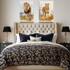 a luxurious bedroom with a large bed, two nightstands with lamps, and two framed paintings of lions on the wall above the bed.