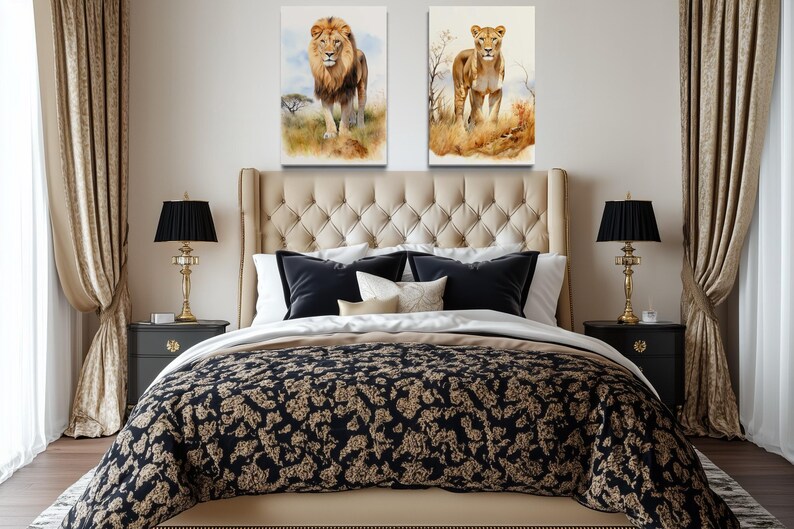 a luxurious bedroom with a large bed, two nightstands with lamps, and two framed paintings of lions on the wall above the bed.