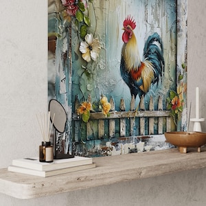 a wooden shelf with a painting of a rooster, a bowl, a candle, and some books on it.