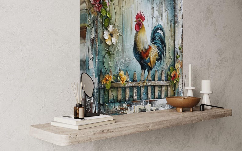 a wooden shelf with a painting of a rooster, a bowl, a candle, and some books on it.