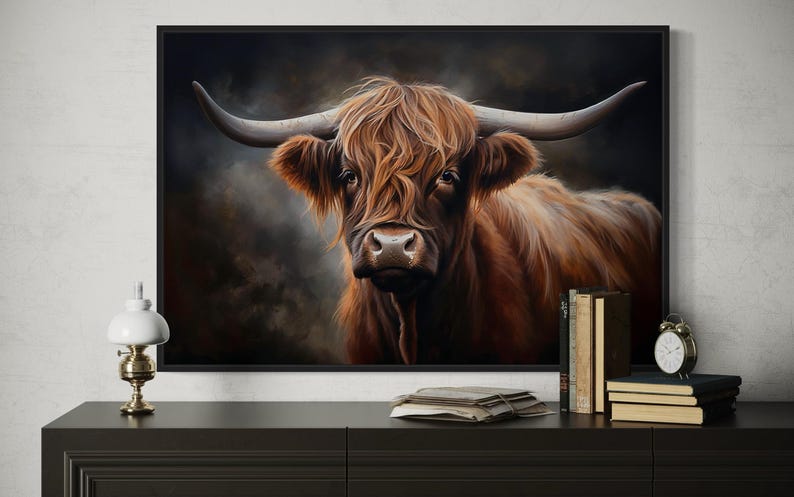 a large painting of a horned cow with long hair, displayed on a wall above a wooden dresser.