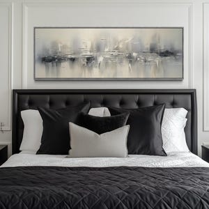 Over Bed Wall Art, Minimalist Abstract Silver Gray Panoramic Painting Long Horizontal Canvas PRINT, Over Couch Living Room Art Ready To Hang