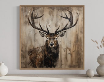 Portrait de cerf sur bois vieilli, impression sur toile, art mural élan sauvage rustique, décoration murale cabane encadrée, prête à accrocher