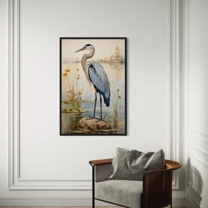 Blue Heron Painting Canvas PRINT, Coastal Waterbird Artwork, Lake House Wall Art, Rustic Cabin Decor, Framed Ready To Hang