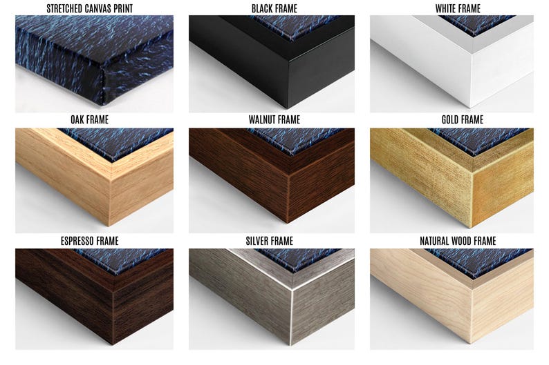 a collection of nine different types of picture frames, each with a distinct color and finish, arranged in a 3x3 grid.