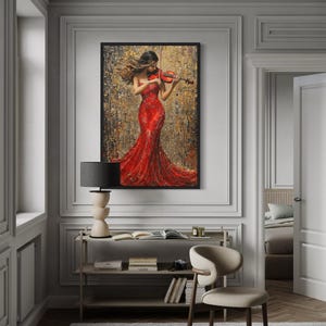 Woman Playing Violin Wall Art, Elegant Lady In Red Dress Canvas Print, Romantic Music Room Or Living Room Decor, Framed Ready To Hang