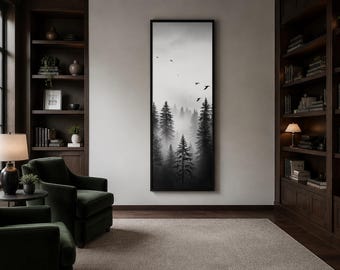 May include: A tall, vertical rectangular wall art piece featuring a black and white landscape of a dense pine forest shrouded in thick fog. Several birds are depicted in flight against the cloudy, overcast sky above the dark, silhouetted trees.