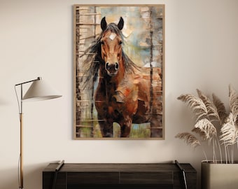 Arte de la pared del caballo de la granja - impresión del lienzo de la pintura del caballo de la granja rústica - retrato vertical enmarcado o sin marco listo para colgar