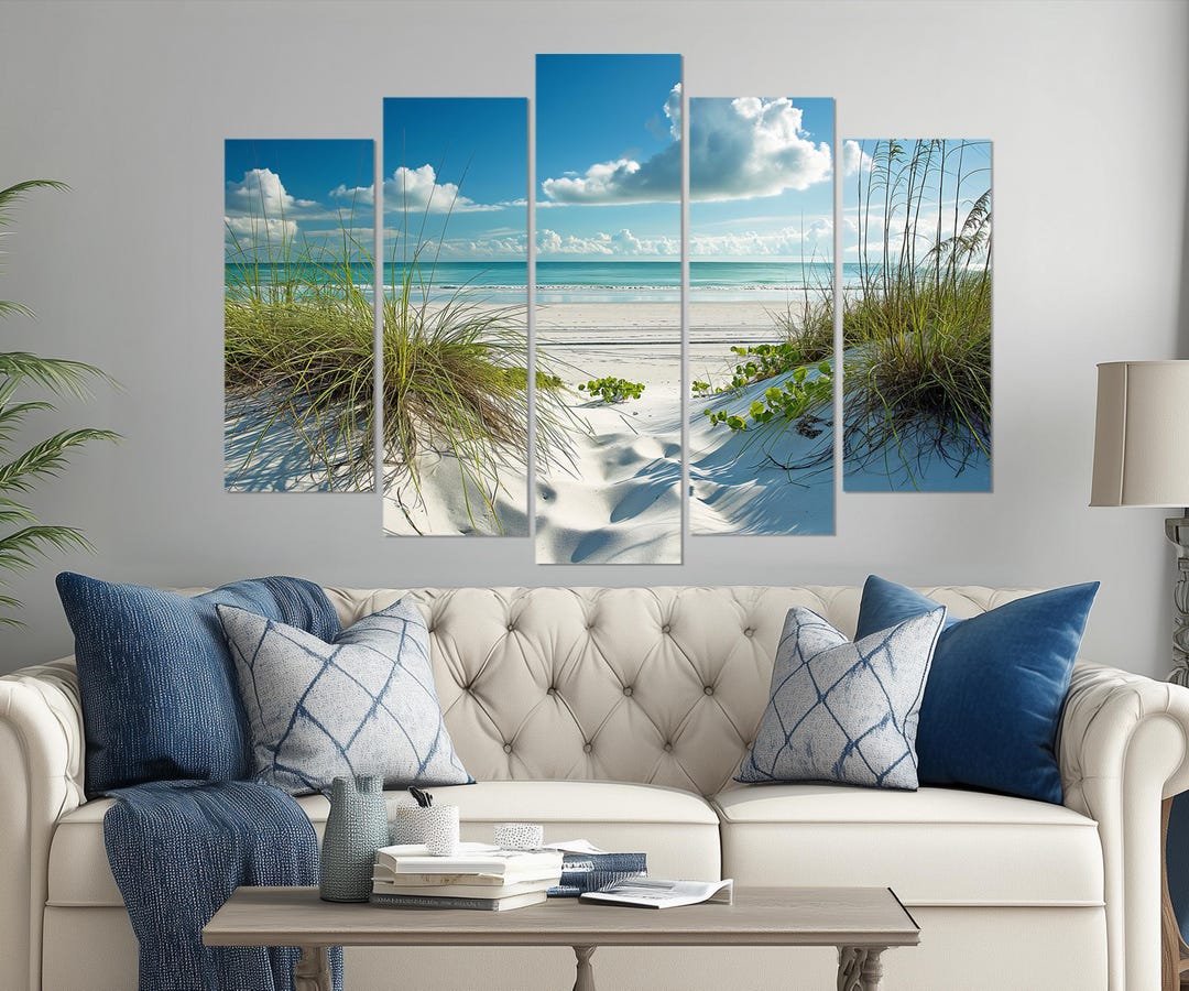 5 Piece White Sand Beach and Sea Grass Dunes Wall Art Coastal Ocean ...