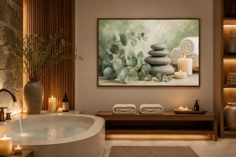 May include: A rectangular wall art print featuring a stack of smooth grey stones, green eucalyptus branches, and rolled white towels. The artwork is displayed in a spa-themed room with a bathtub, wooden bench, and lit candles, creating a calm atmosphere.