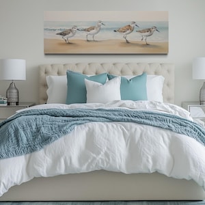 Beach House Wall Art, Sandpipers Walking On The Beach  Panoramic Painting Canvas PRINT, Lake House Decor, Framed Ready To Hang