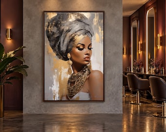 May include: A rectangular framed wall art print featuring a portrait of a person with dark skin wearing a large, textured grey headwrap and layered gold necklaces. The background of the artwork consists of abstract brushstrokes in gold, white, and grey.