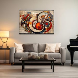 a modern living room with a gray sofa, a black piano, and a red cello. A large abstract painting hangs on the wall above the sofa, and a coffee table is placed in front of the sofa.