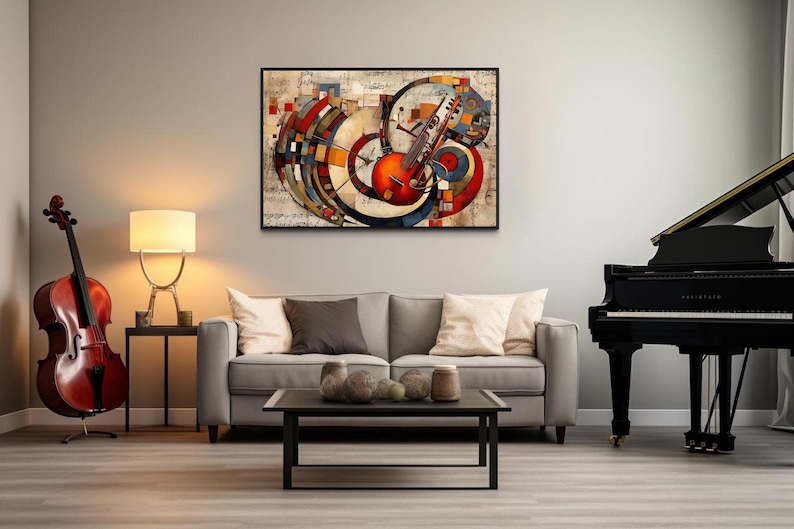 a modern living room with a gray sofa, a black piano, and a red cello. A large abstract painting hangs on the wall above the sofa, and a coffee table is placed in front of the sofa.