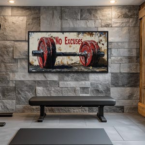 No Excuses Gym Wall Art - Red Barbell Motivational Painting Canvas Print, Rustic Fitness Room Decor Framed Ready To Hang