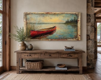 Red Canoe Vintage Painting Canvas PRINT, Old Boat Artwork In Fake Vintage Frame Large Rustic Lake House Decor, Cabin Wall Art Ready To Hang