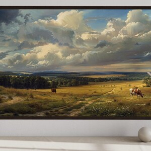 The image is a large painting depicting a pastoral scene with a cow grazing in a field, a vase of flowers, and a cloudy sky.