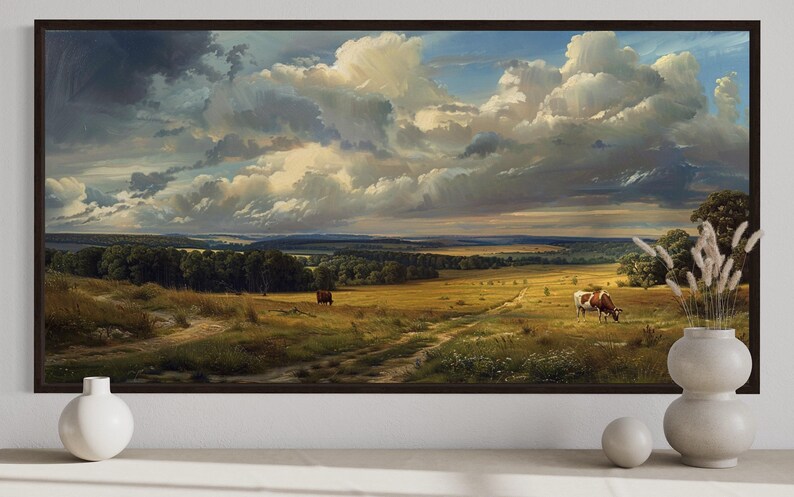 The image is a large painting depicting a pastoral scene with a cow grazing in a field, a vase of flowers, and a cloudy sky.